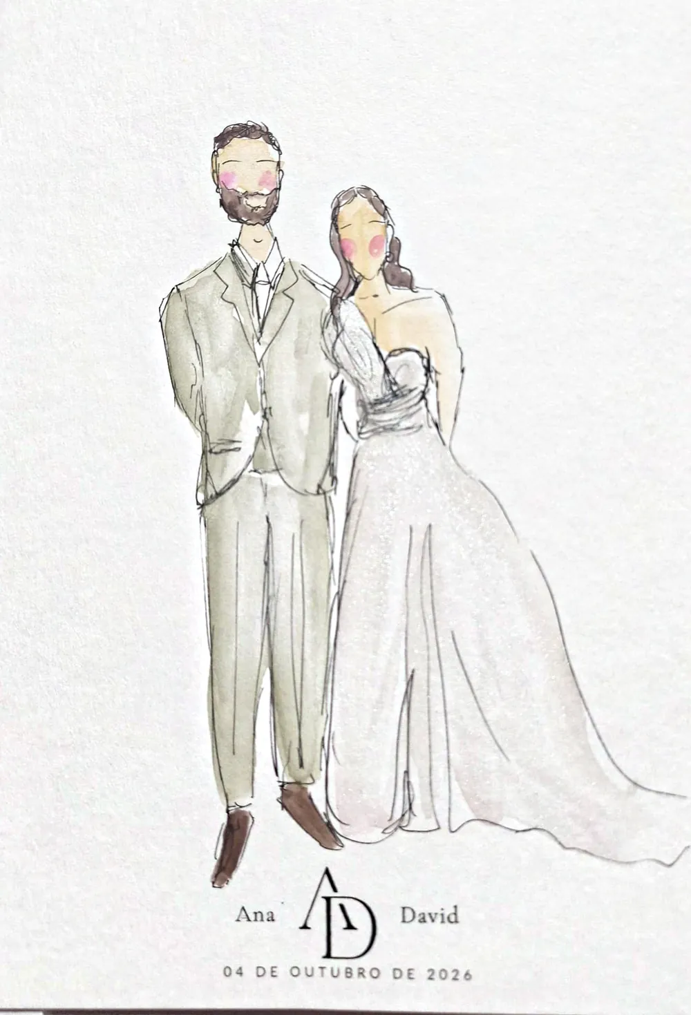 Ilustração a aguarela dos noivos, Ana e David, feita ao vivo no casamento