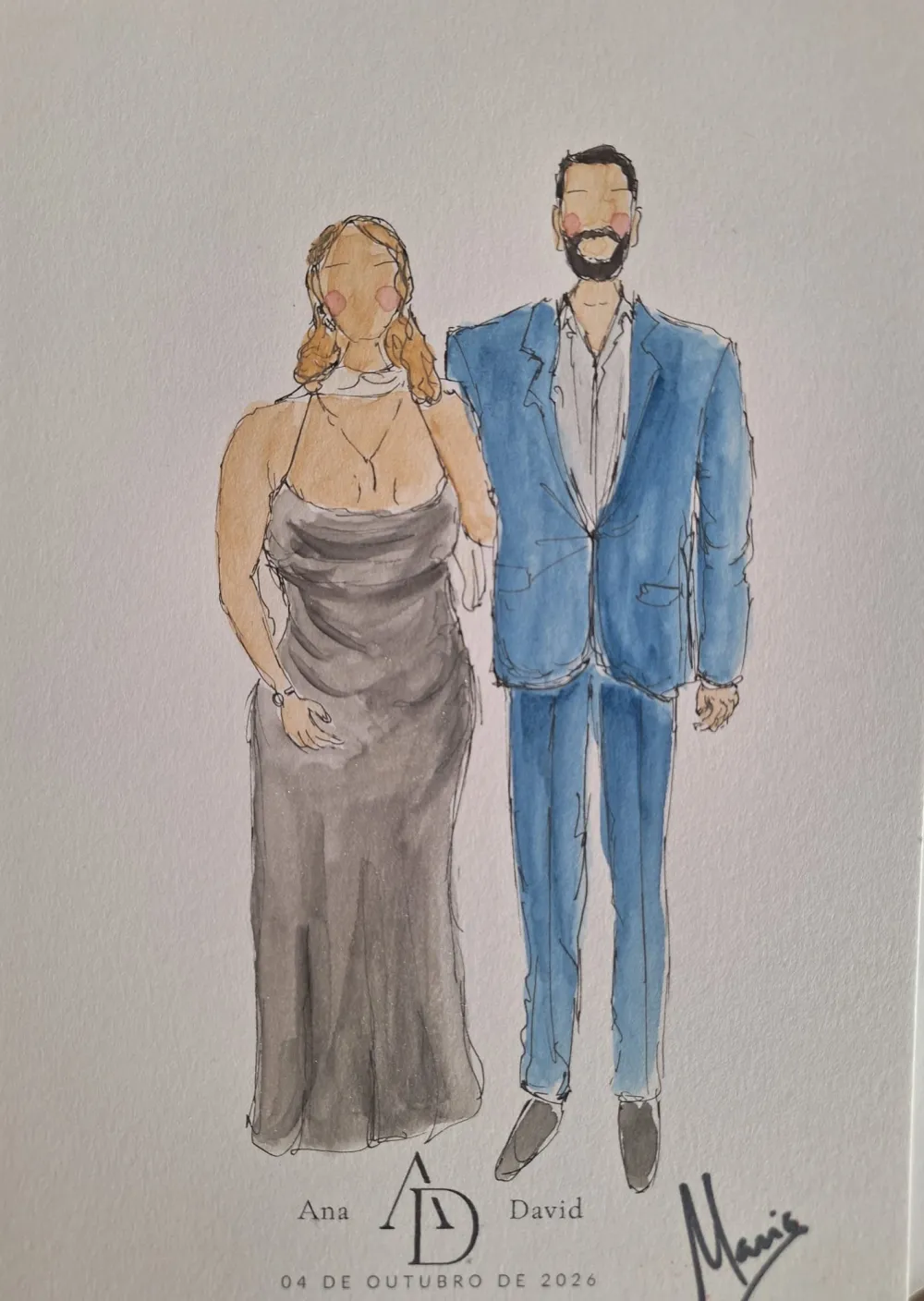 Casal de convidados a aguarela, vestido preto e fato azul