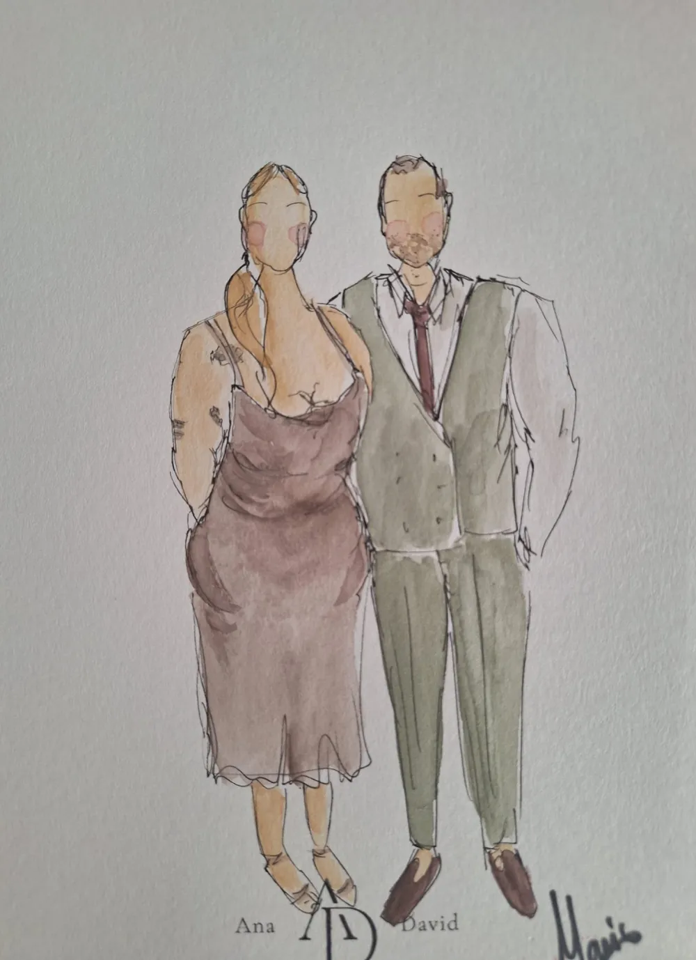 Casal de convidados pintado a aguarela no casamento da Ana e do David