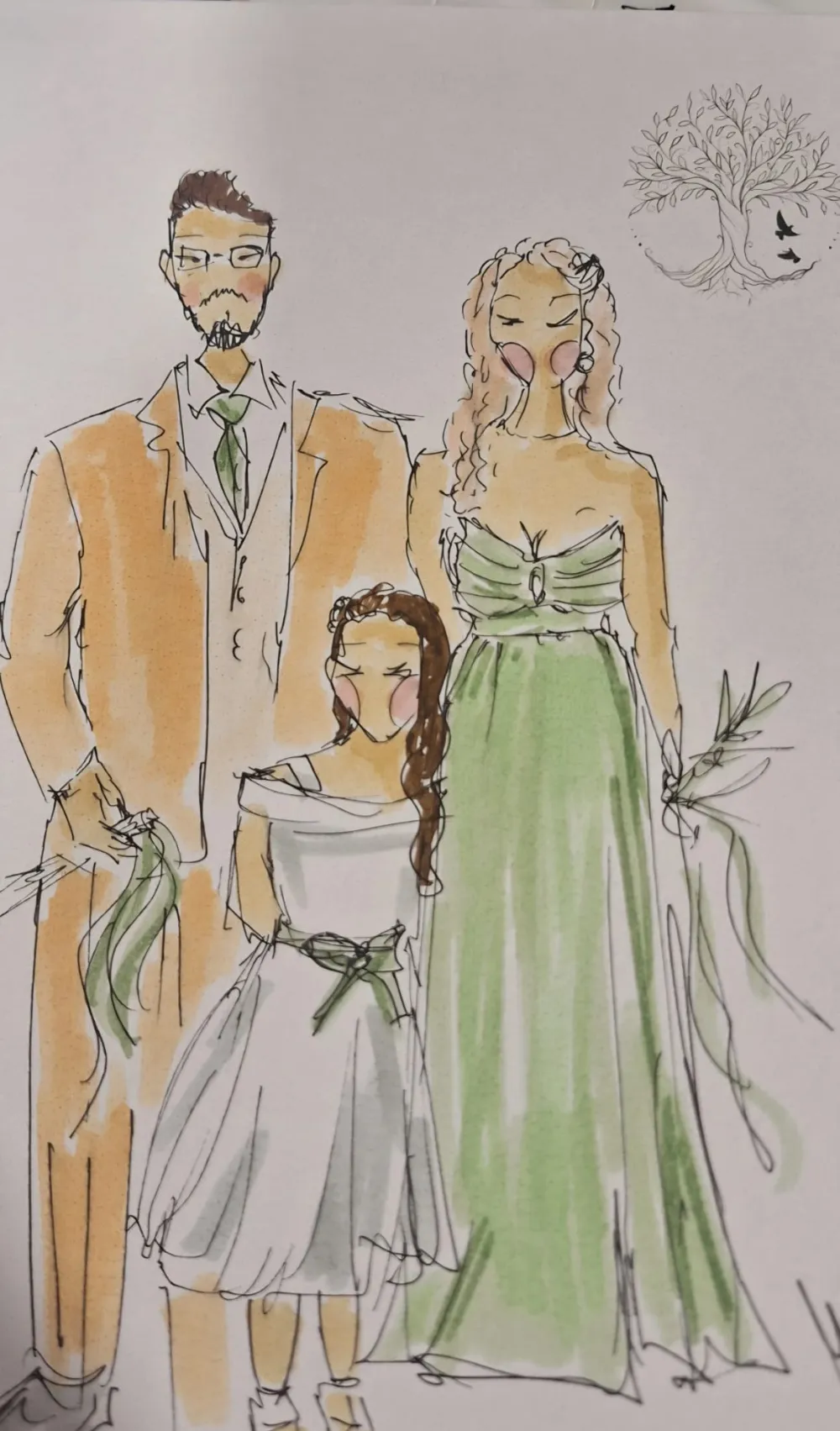 Família de convidados desenhada a marcador, vestido verde