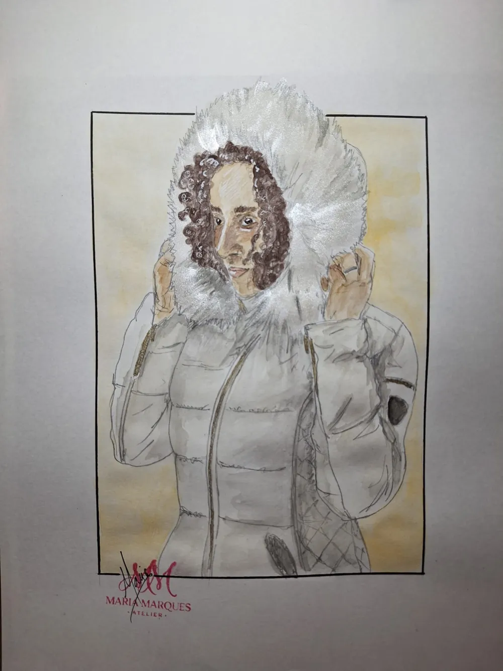Retrato a aguarela de uma mulher de capuz de pelo
