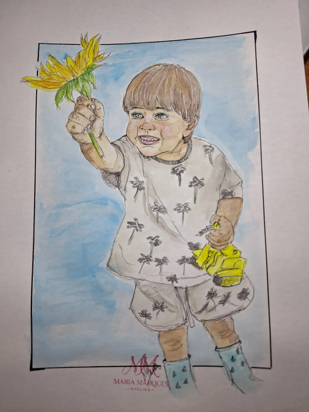 Retrato a aguarela de um menino a segurar um girassol