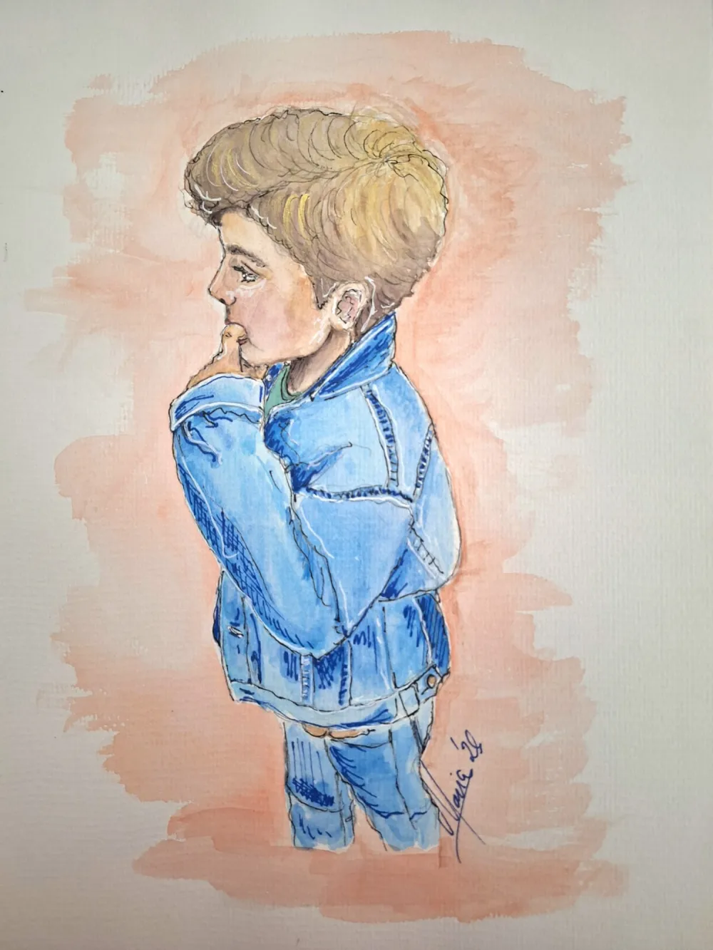 Retrato realista a aguarela de um menino de casaco de ganga, de perfil