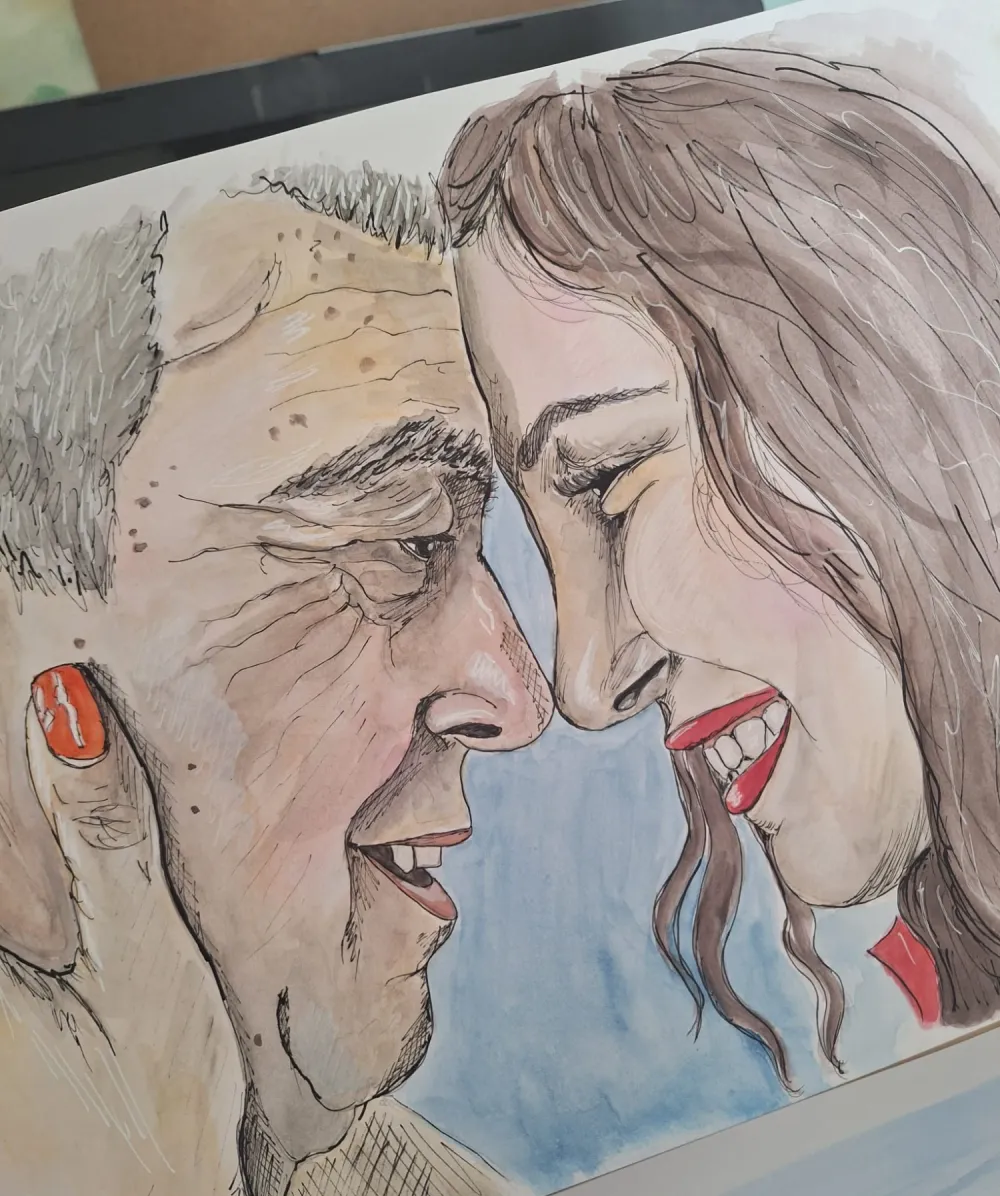 Retrato a aguarela de um avô e da neta, testa com testa