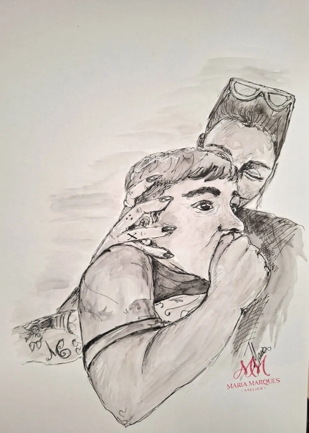 Retrato a aguarela e tinta de um abraço