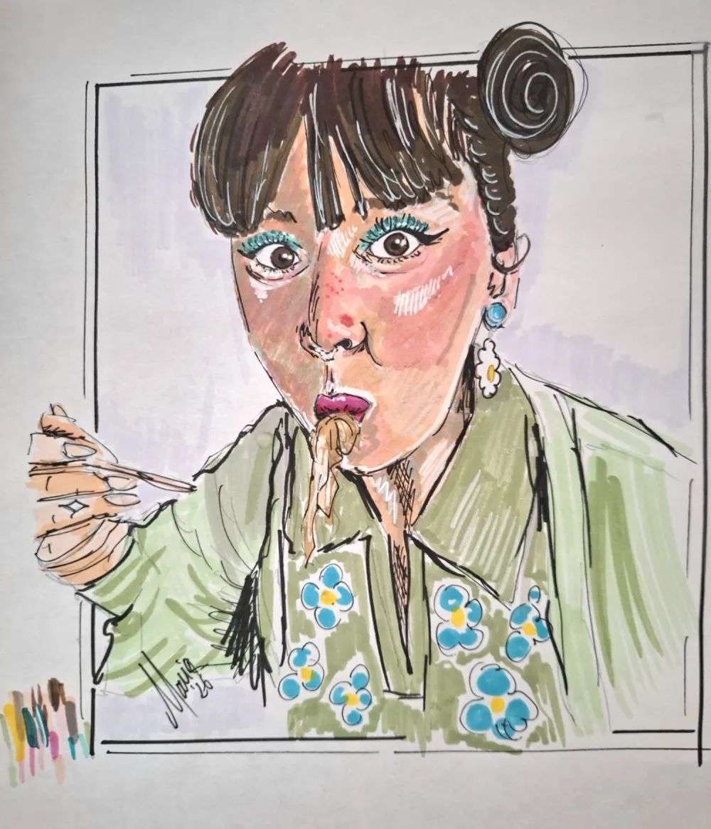 Retrato a marcador de uma rapariga a comer massa
