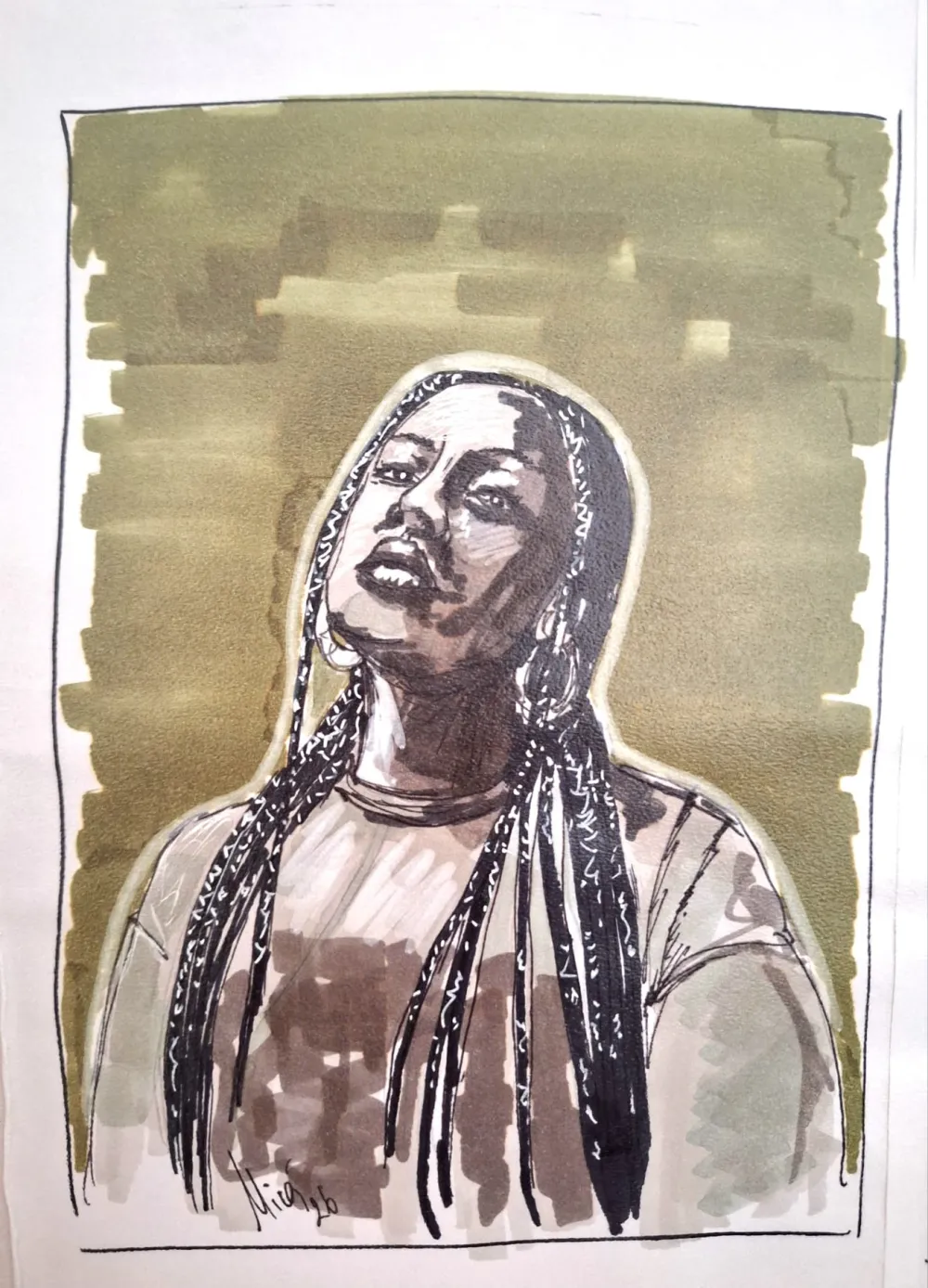 Retrato a marcador de uma mulher de tranças