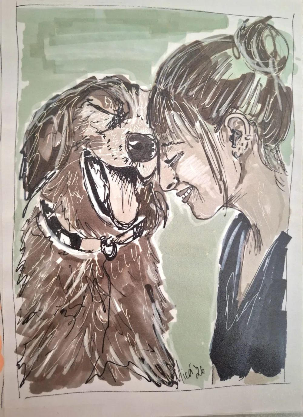 Retrato a marcador de uma rapariga e o seu cão
