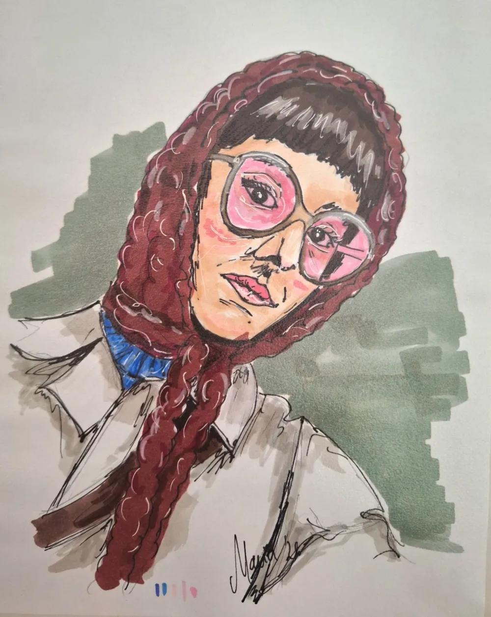 Retrato a marcador de uma mulher de óculos cor-de-rosa e lenço