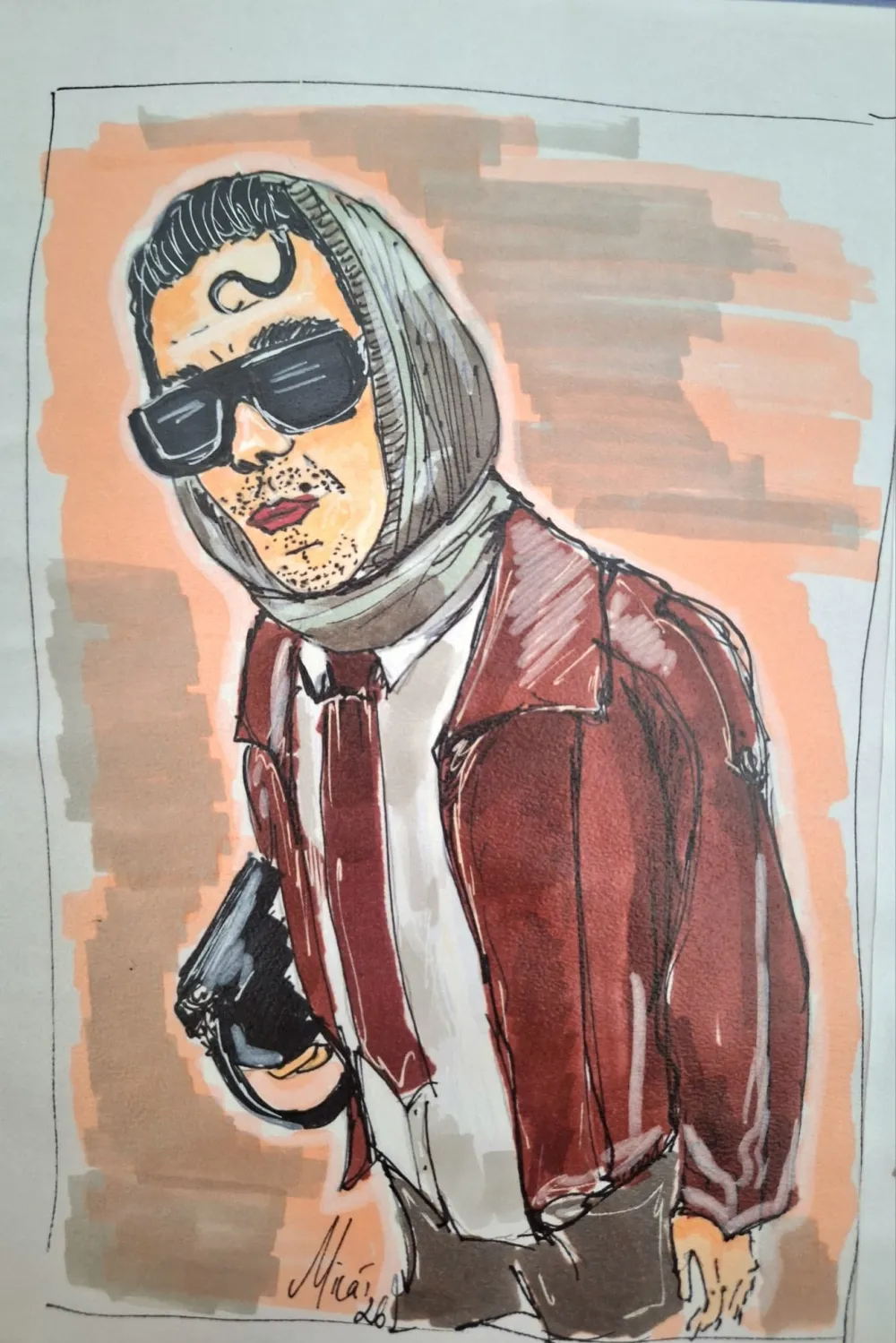 Retrato a marcador de um homem de casaco vermelho e óculos escuros