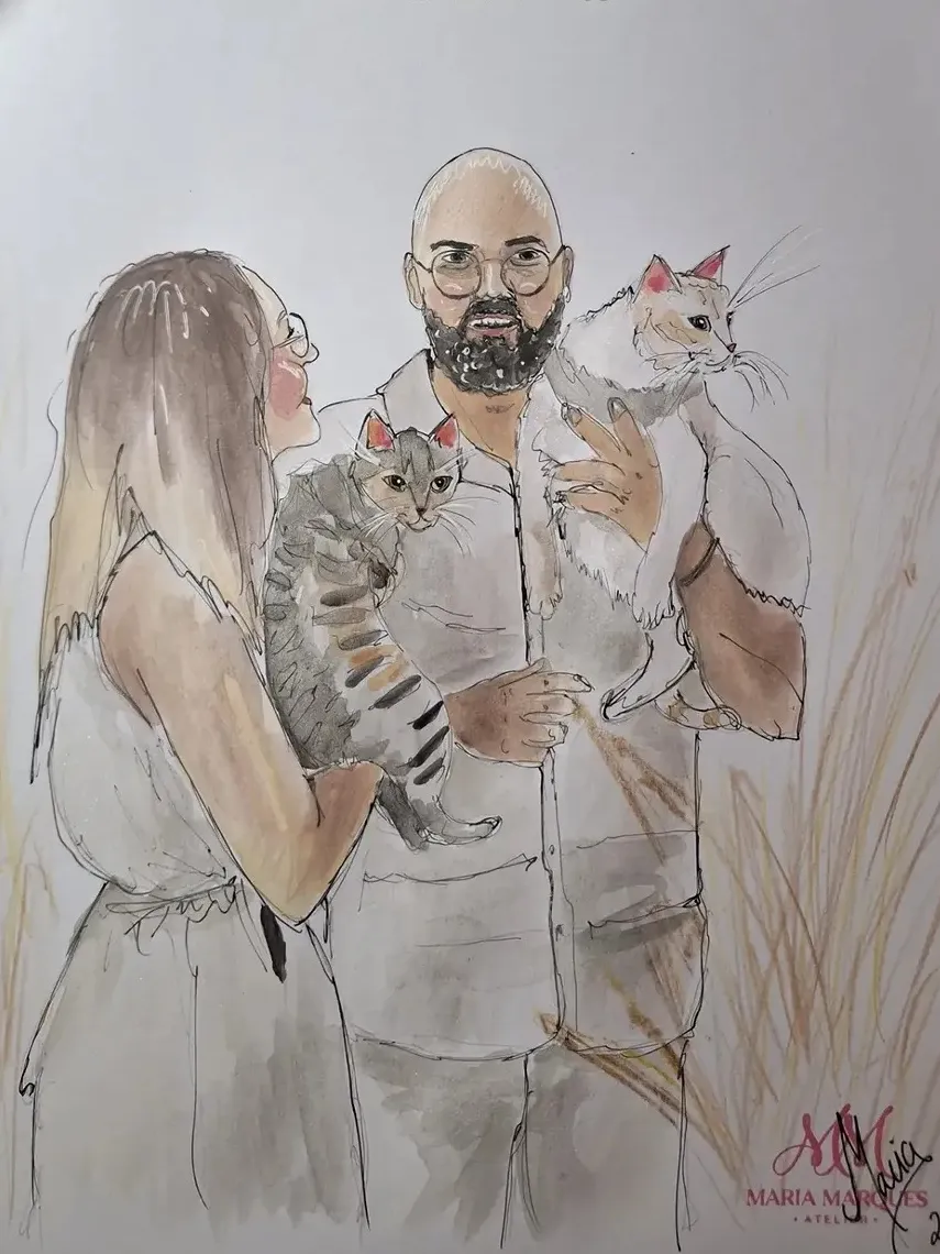 Ilustração de um casal com os seus gatos