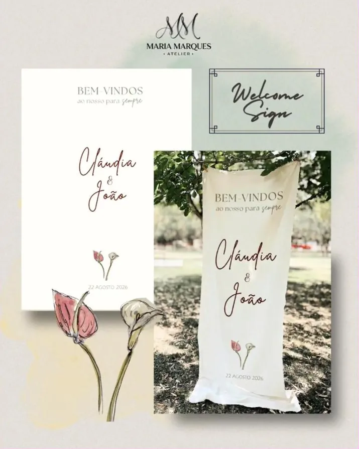 Sinal de boas-vindas com os nomes Cláudia e João e flores pintadas