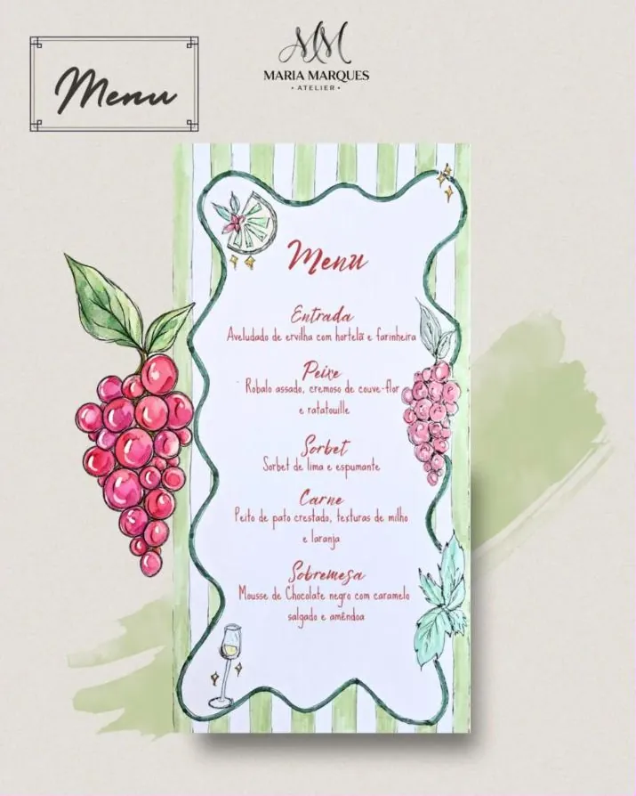 Menu do casamento com uvas pintadas a aguarela